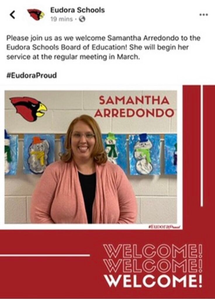 Samantha Arredondo being welcomed to the board by a Eudora Schools Facebook post.